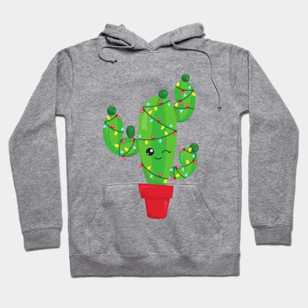 Christmas Cactus, Christmas Lights, Cute Cactus Hoodie by Jelena Dunčević